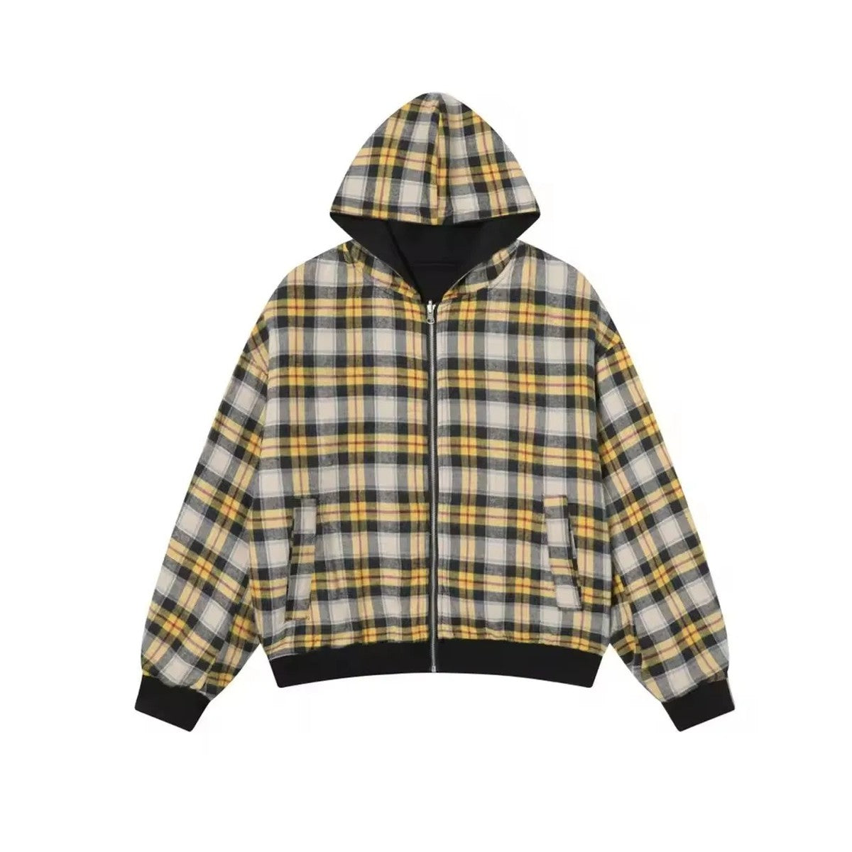 Apex Reversible Plaid Hoodie – noir / carreaux jaunes