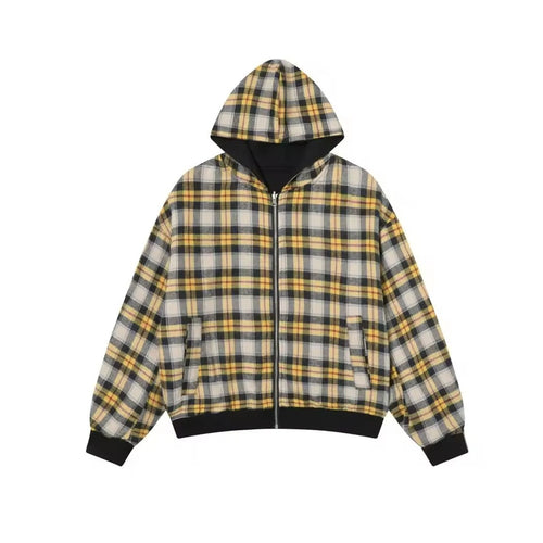Apex Reversible Plaid Hoodie – noir / carreaux jaunes