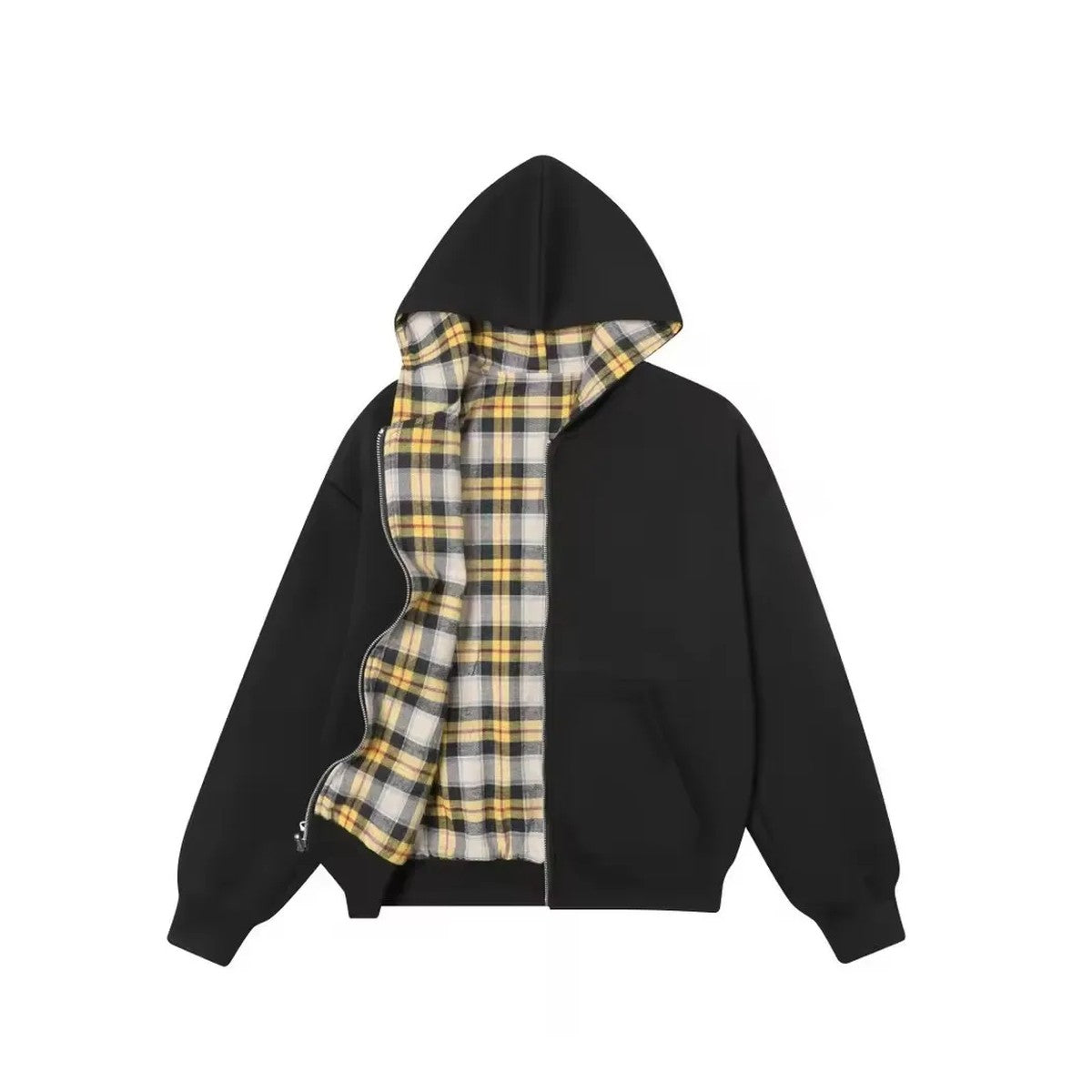 Apex Reversible Plaid Hoodie – noir / carreaux jaunes